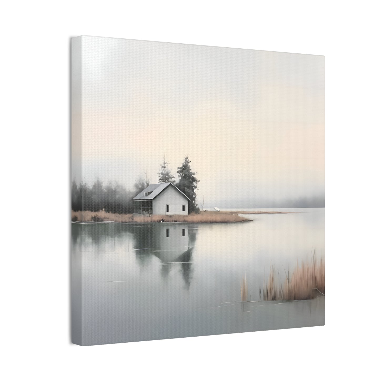 Lakefront Serenity - Misty Cabin Wall Art for Tranquil Spaces