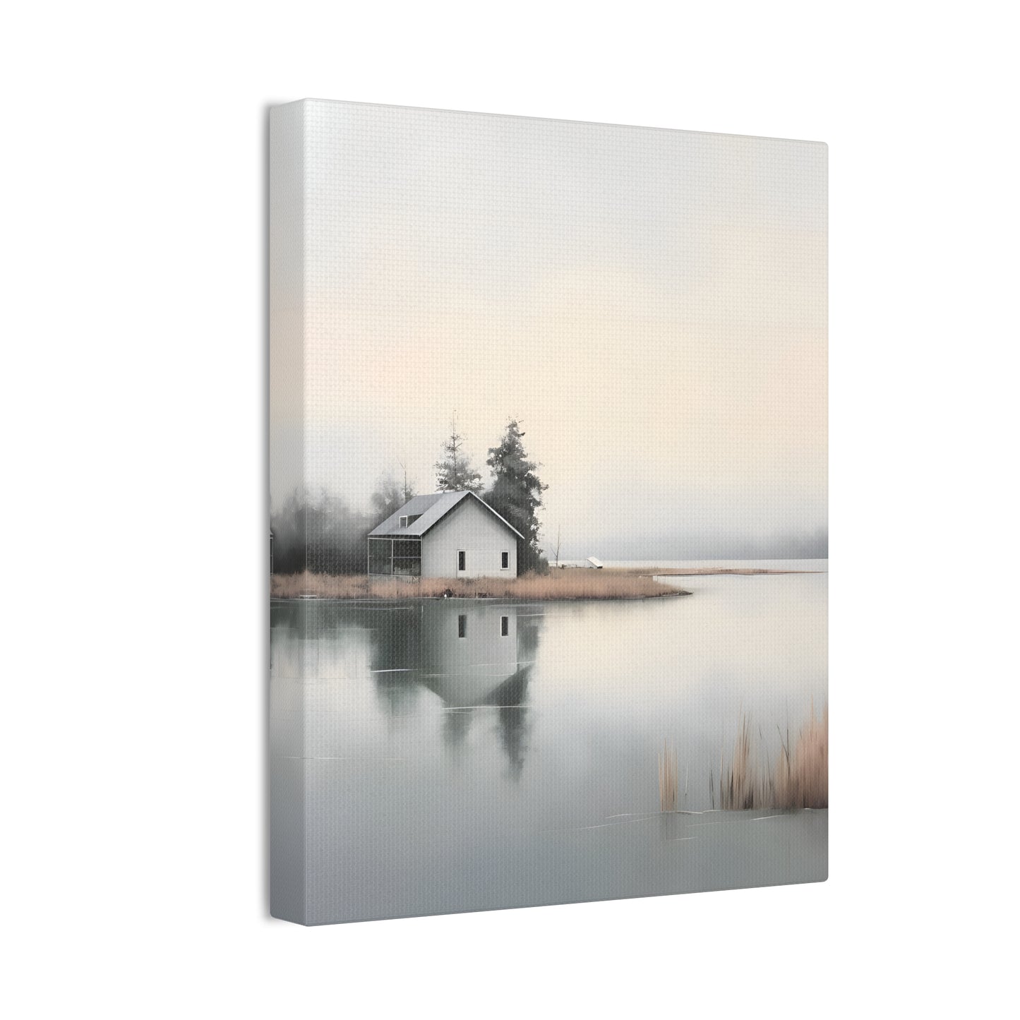 Lakefront Serenity - Misty Cabin Wall Art for Tranquil Spaces