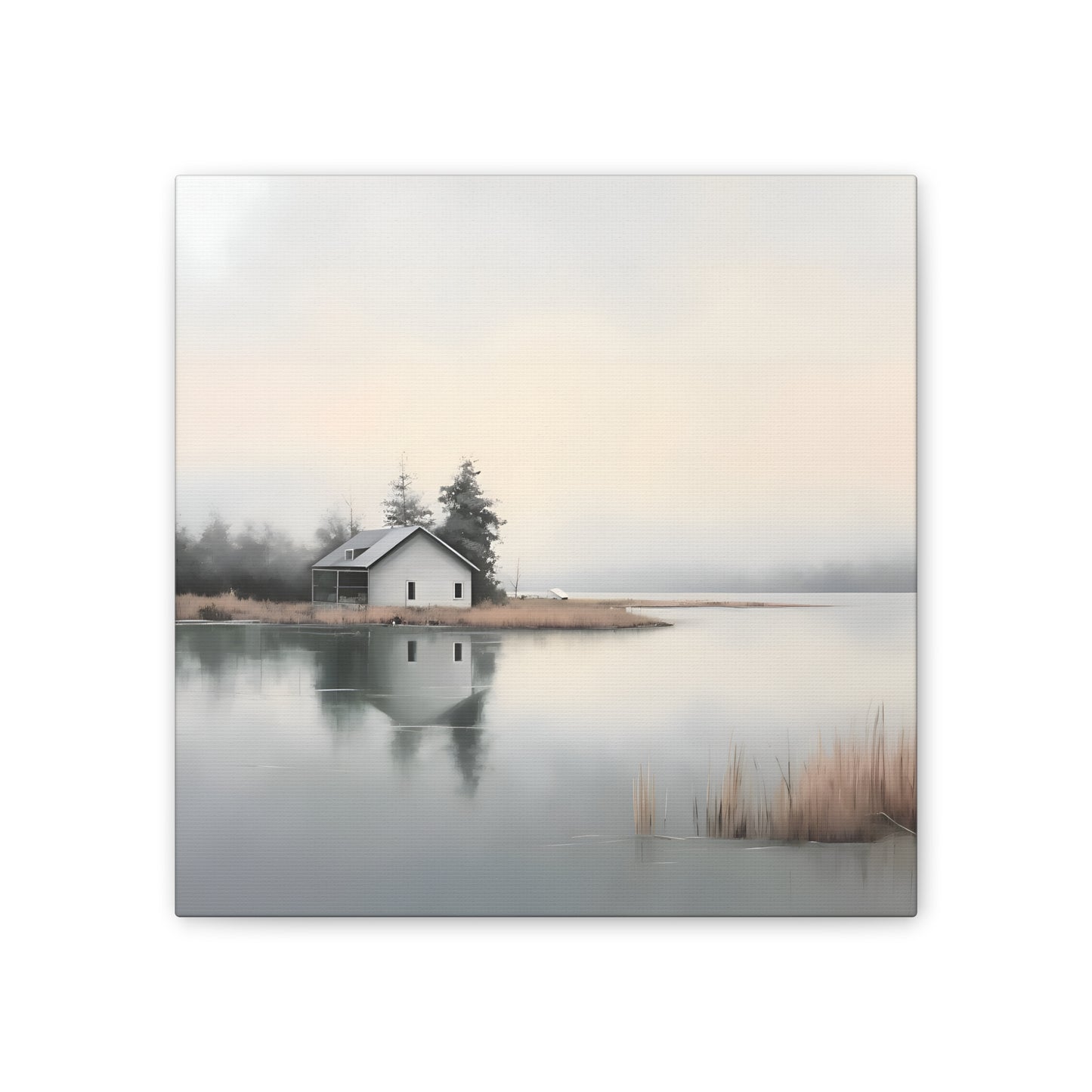 Lakefront Serenity - Misty Cabin Wall Art for Tranquil Spaces