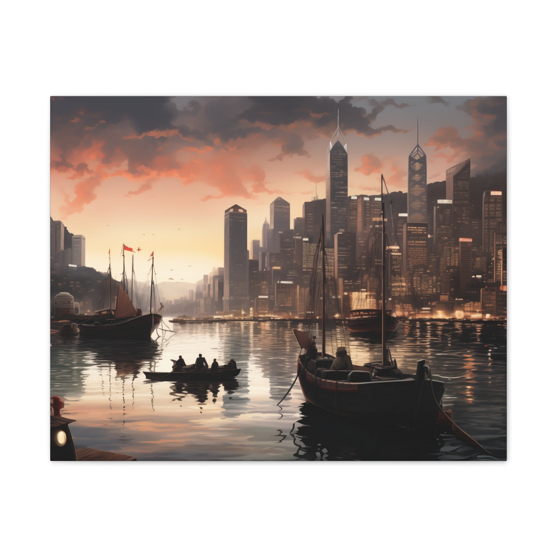 Urban Reflection Canvas Art - Darkly Romantic Cityscape & Tranquil Waters