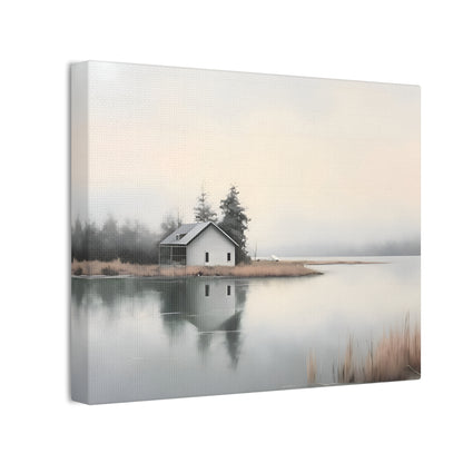 Lakefront Serenity - Misty Cabin Wall Art for Tranquil Spaces