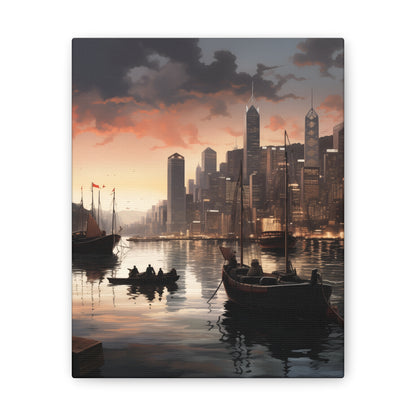 Urban Reflection Canvas Art - Darkly Romantic Cityscape & Tranquil Waters