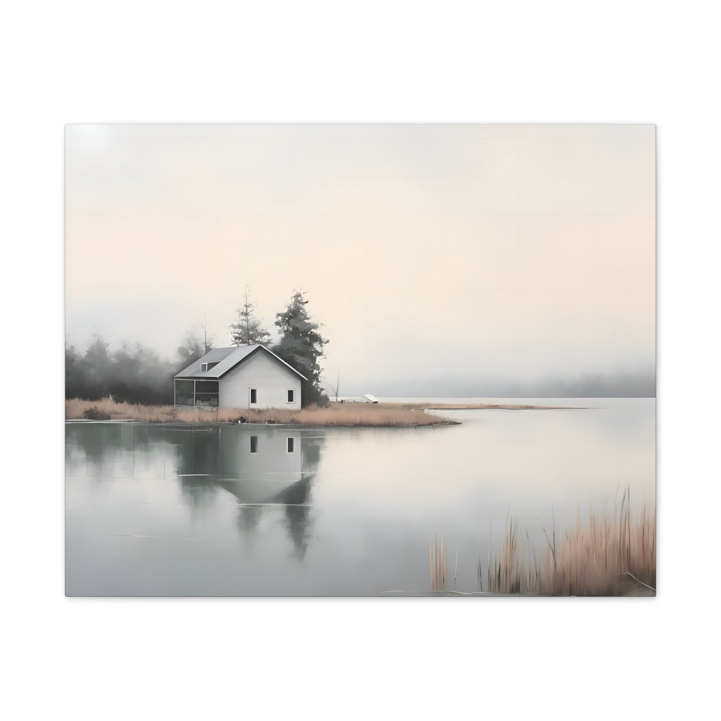 Lakefront Serenity - Misty Cabin Wall Art for Tranquil Spaces