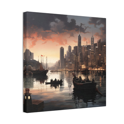 Urban Reflection Canvas Art - Darkly Romantic Cityscape & Tranquil Waters