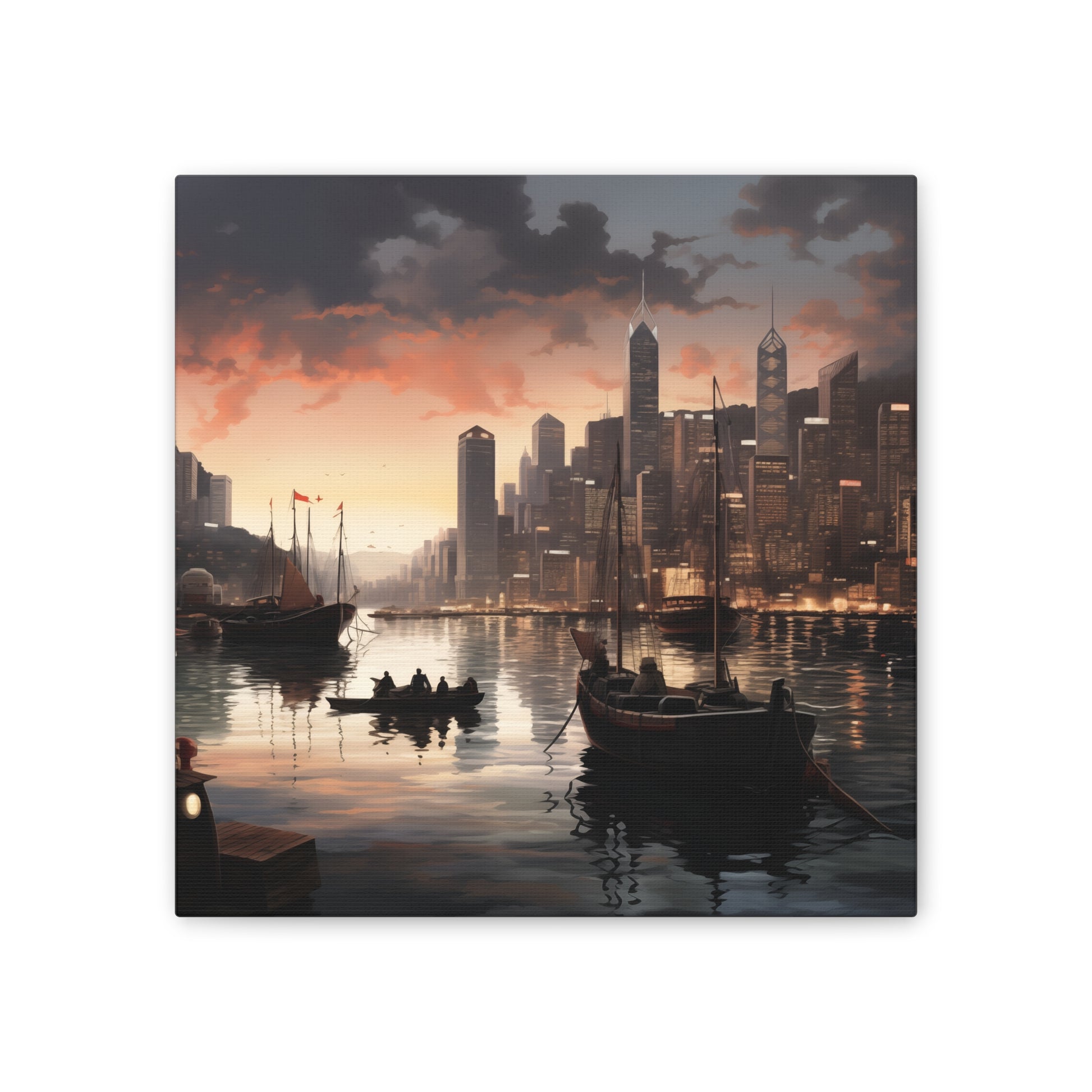 Urban Reflection Canvas Art - Darkly Romantic Cityscape & Tranquil Waters