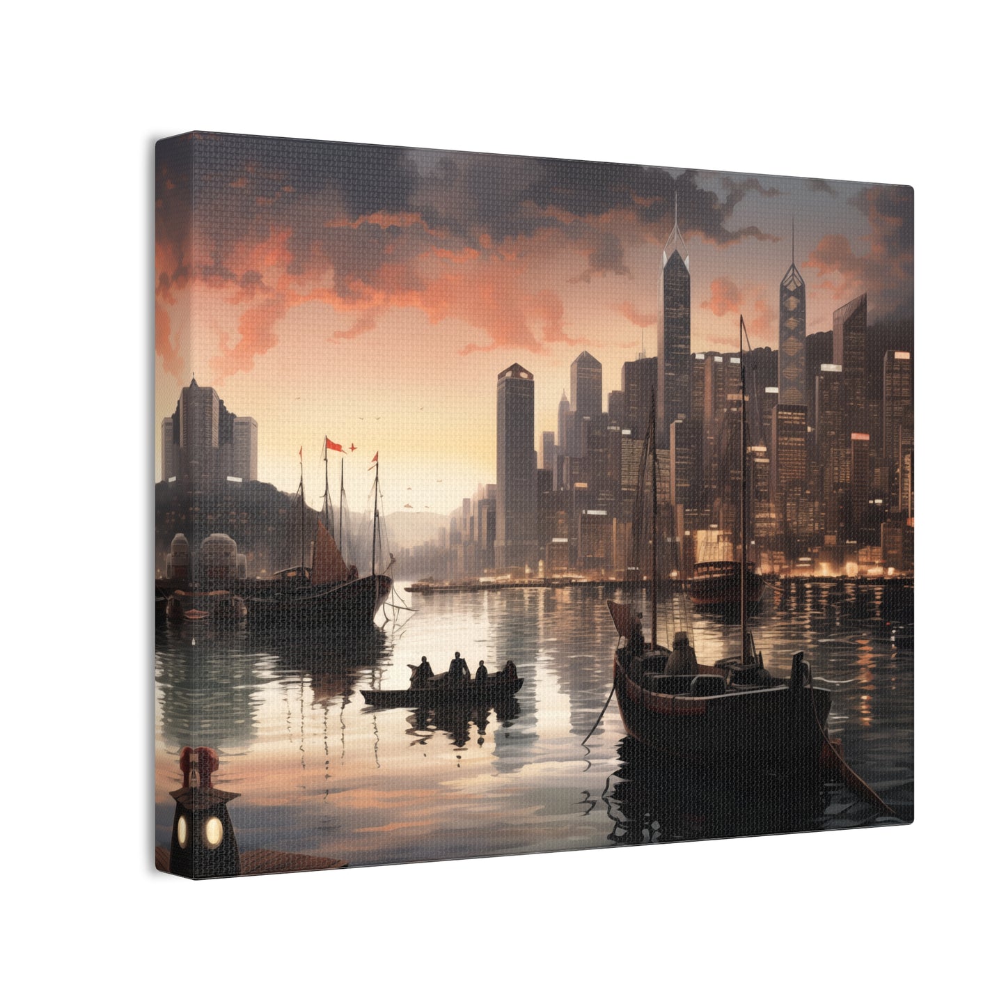 Urban Reflection Canvas Art - Darkly Romantic Cityscape & Tranquil Waters