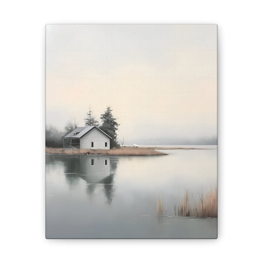 Lakefront Serenity - Misty Cabin Wall Art for Tranquil Spaces