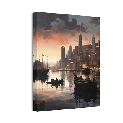 Urban Reflection Canvas Art - Darkly Romantic Cityscape & Tranquil Waters