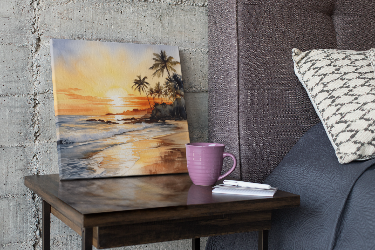 Seaside Harmony - Serene Watercolor Beach Sunset Painting