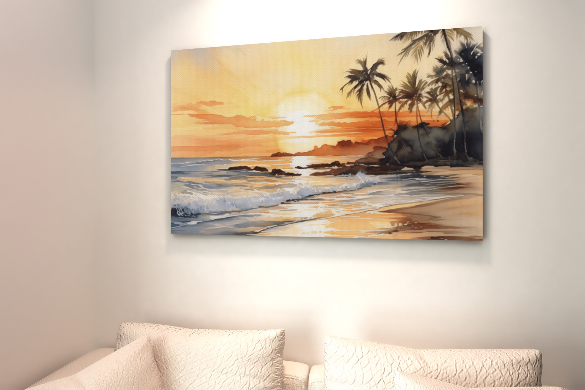 Seaside Harmony - Serene Watercolor Beach Sunset Painting