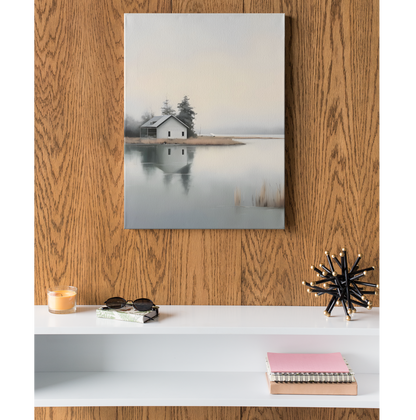 Lakefront Serenity - Misty Cabin Wall Art for Tranquil Spaces