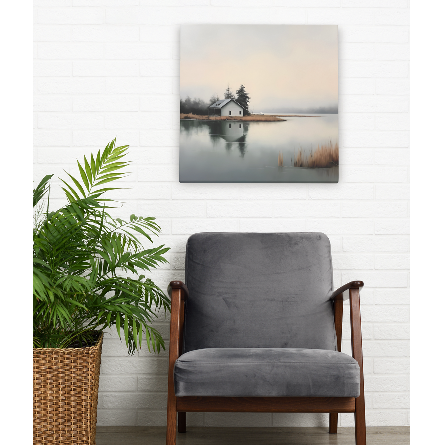 Lakefront Serenity - Misty Cabin Wall Art for Tranquil Spaces